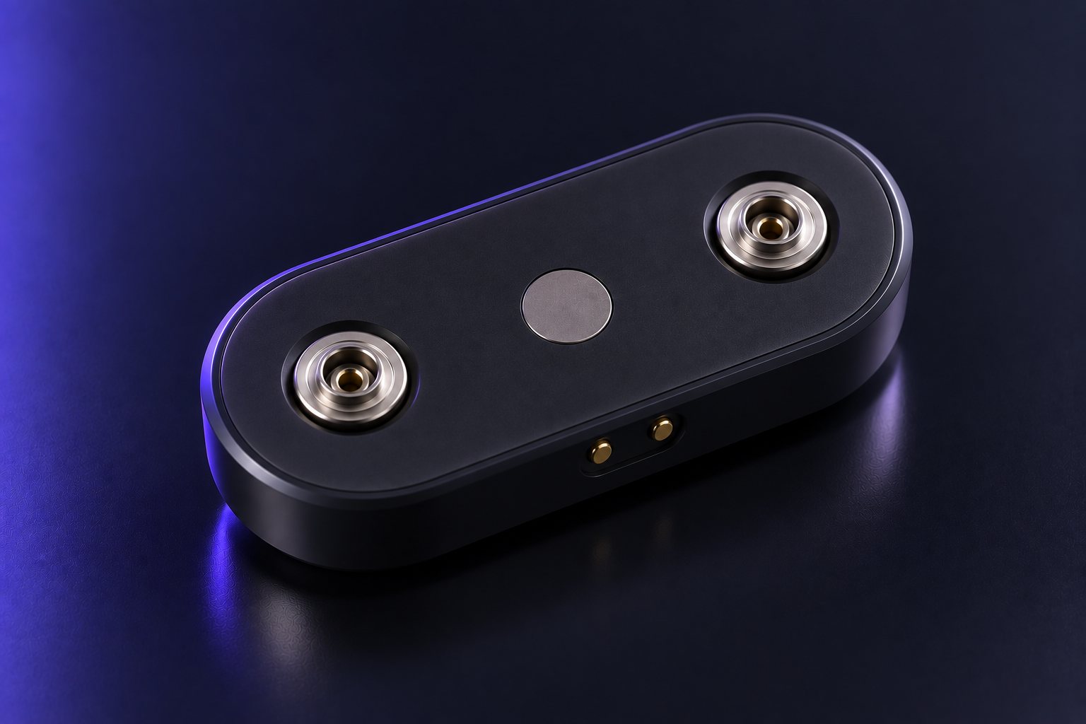 Repsense sensor pod, underside showing the two signal snaps, reference pad and charging contacts